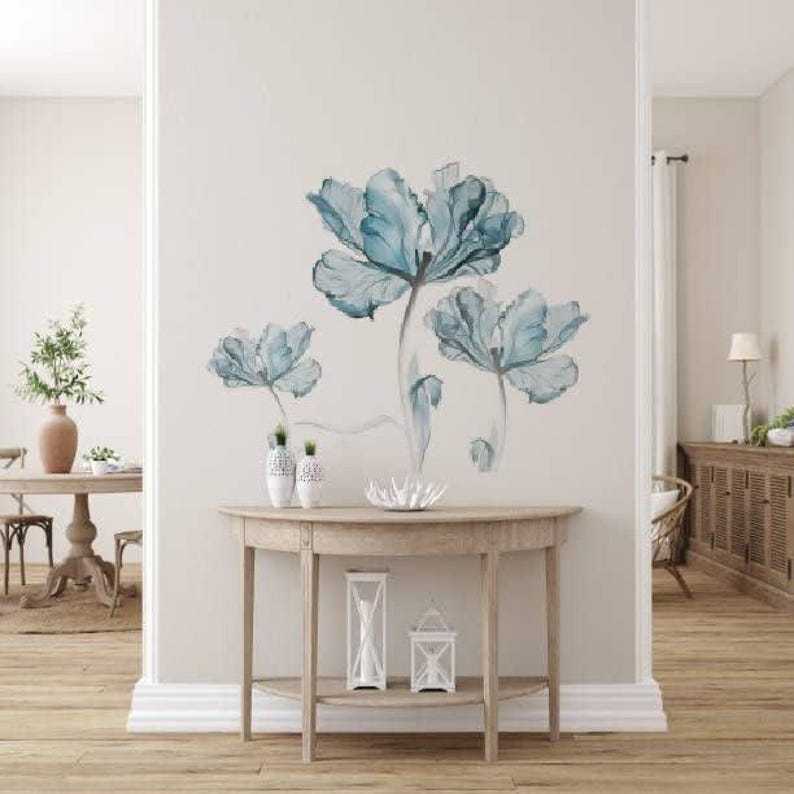 Blue Flower Wall Stickers, Removable Plant and Floral Decor