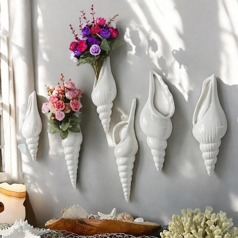 Ceramic Sea Shell Vase Modern White Wall Hanging Decor