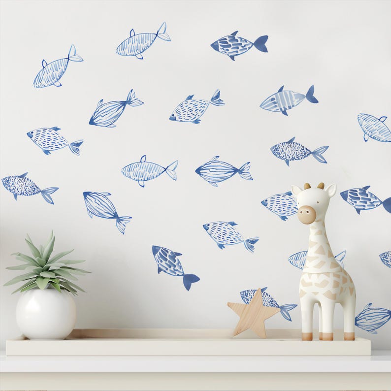Coastal Watercolor Fish Decals – Peel & Stick Modern Farmhouse Boho Decor, Beach House Wall Art, Minimalist Sea Life Stickers