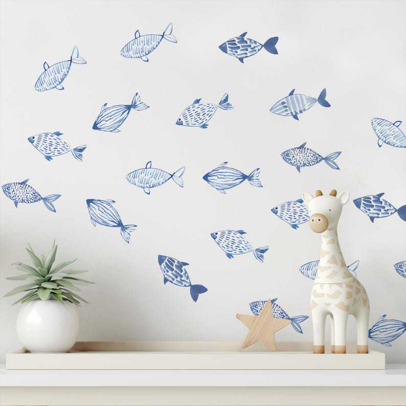 Coastal Watercolor Fish Decals – Peel & Stick Modern Farmhouse Boho Decor, Beach House Wall Art, Minimalist Sea Life Stickers