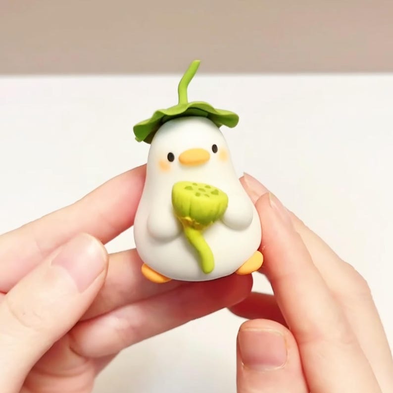 Cute Leaf Hat Duck Figurines Air Dry Clay Desk Decor