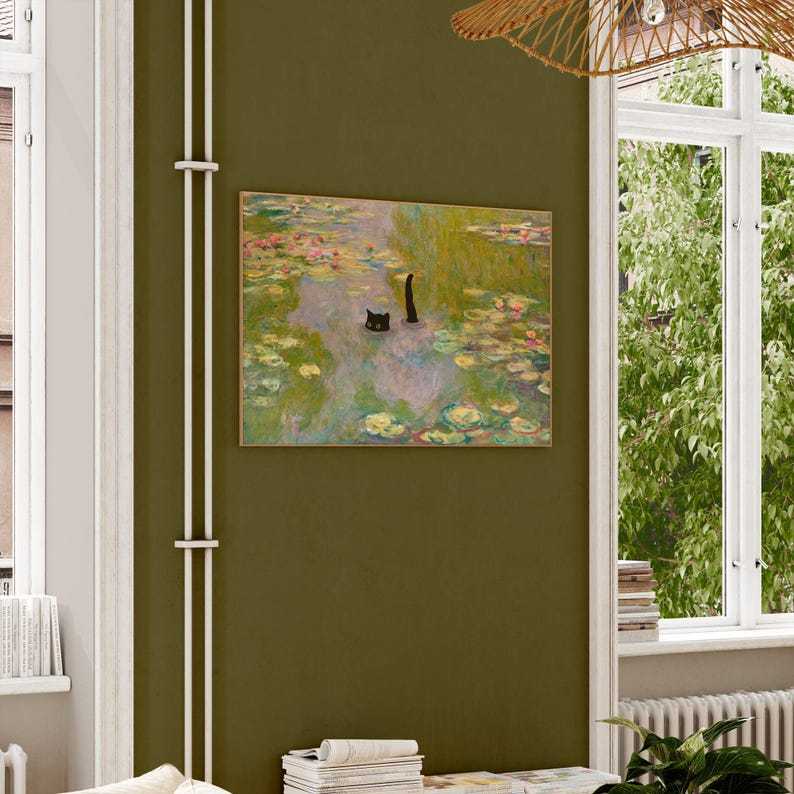 Cat Print Monet Waterlily Funny Gift Poster Black Cat Swimming Wall Art Home Decor