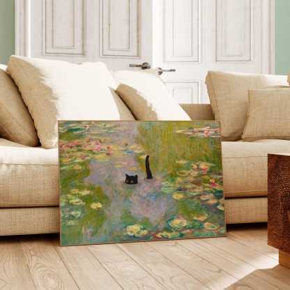 Cat Print Monet Waterlily Funny Gift Poster Black Cat Swimming Wall Art Home Decor