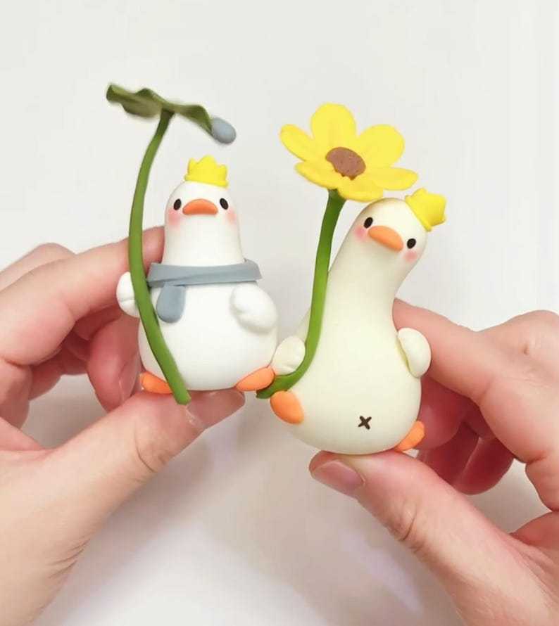 Cute Leaf Hat Duck Figurines Air Dry Clay Desk Decor