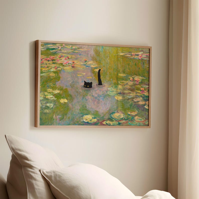 Cat Print Monet Waterlily Funny Gift Poster Black Cat Swimming Wall Art Home Decor