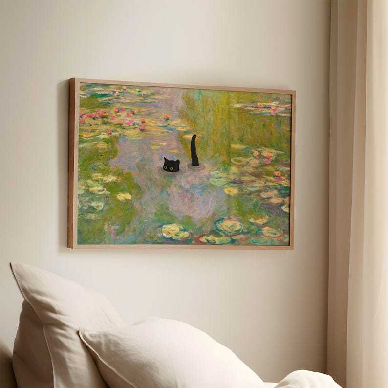 Cat Print Monet Waterlily Funny Gift Poster Black Cat Swimming Wall Art Home Decor