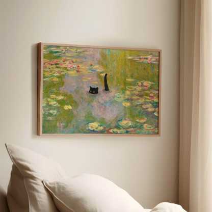 Cat Print Monet Waterlily Funny Gift Poster Black Cat Swimming Wall Art Home Decor