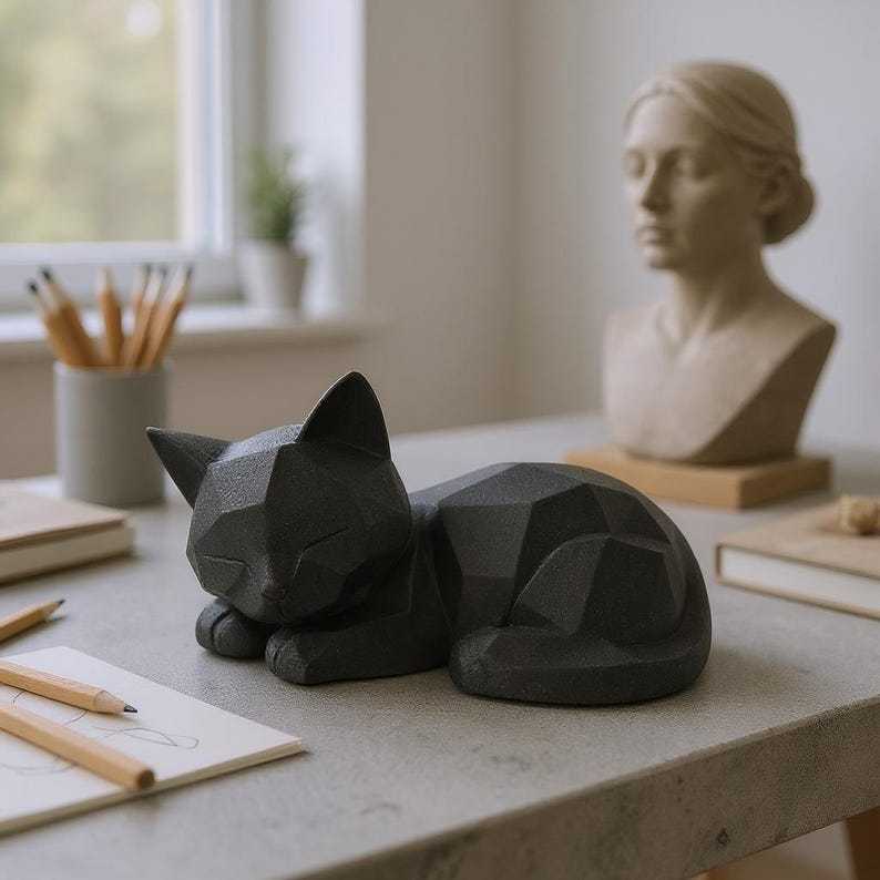 3D Printed Low Poly Cat Sculpture: Modern Minimalist Decor