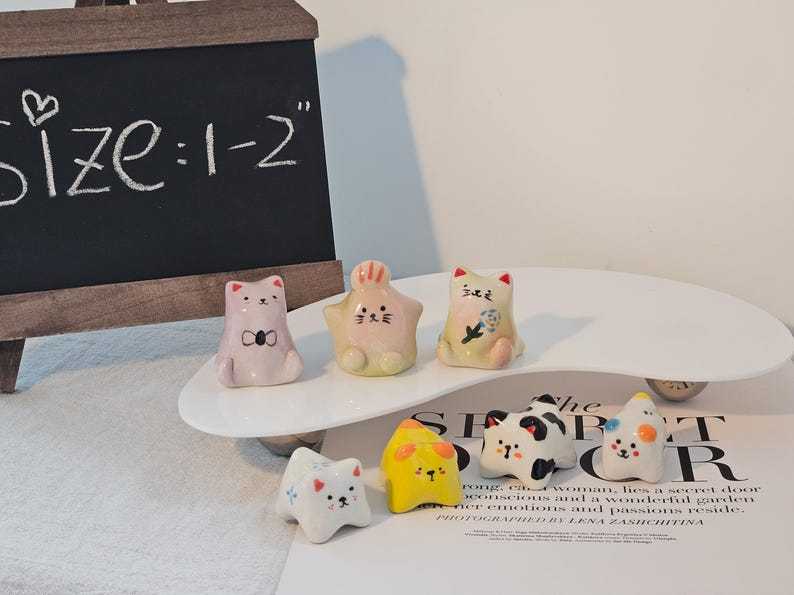Ceramic Cat Figurine Whimsical Desktop Decor Small Size