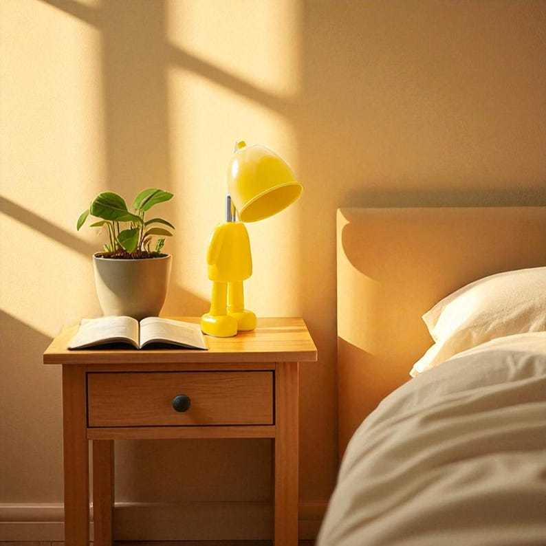 Whimsical Character Lamp – Adorable LED Table Light in White, Pink, Green & Yellow | Playful Minimalist Nightstand Lamp for Kids Room