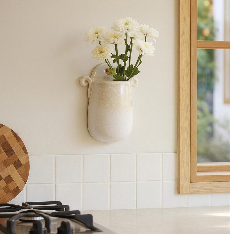 Wall Mount Planter Beige Vase Ceramic Wall Planter Handmade Beige Hanging Vase for Short Flowers Unique Wall Mountable Ceramic Decorative