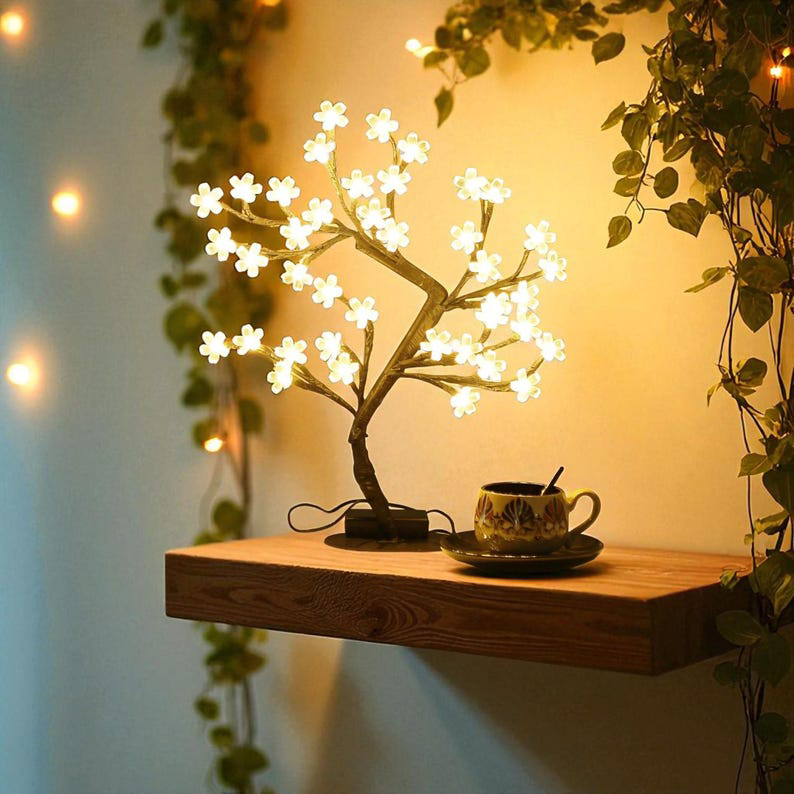 LED Cherry Blossom Table Lamp – LED USB Bonsai, Flexible Branches, Romantic Ambient Light