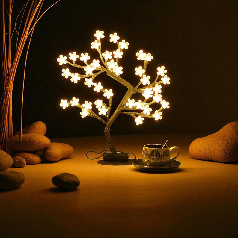 LED Cherry Blossom Table Lamp – LED USB Bonsai, Flexible Branches, Romantic Ambient Light