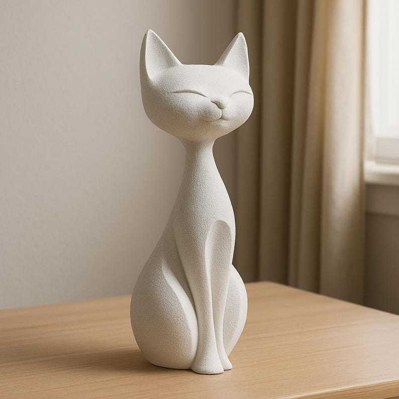 Minimalist Cat Statue – Modern White Cat Figurine for Home Decor, Nordic Style Sculpture