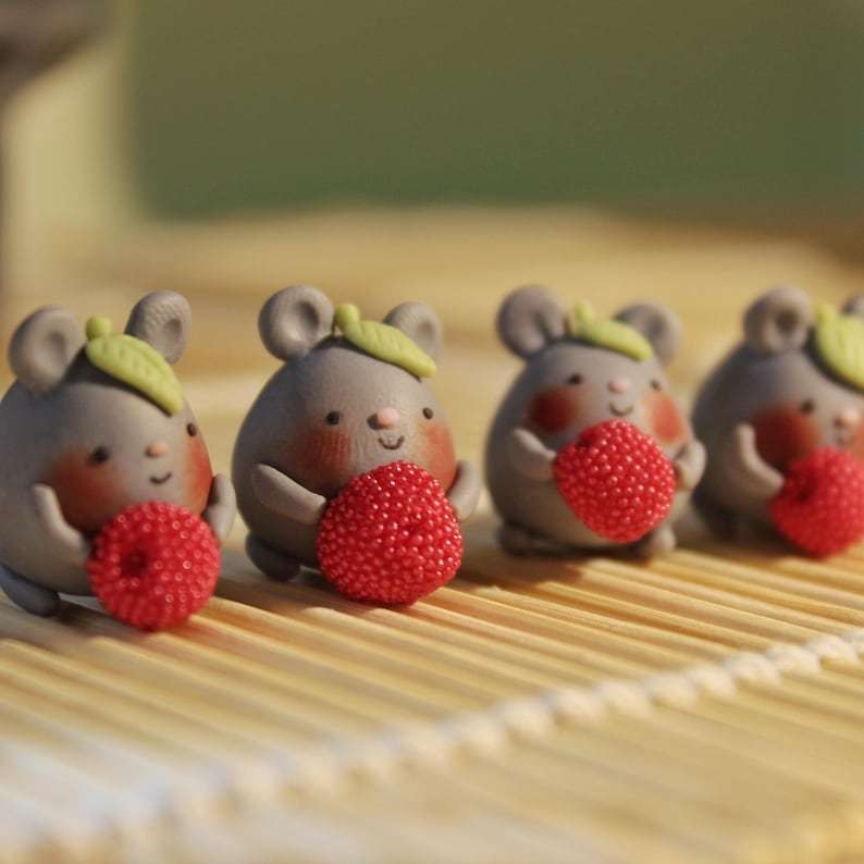 Polymer Clay Mouse Figurine Raspberry Leaf Hat