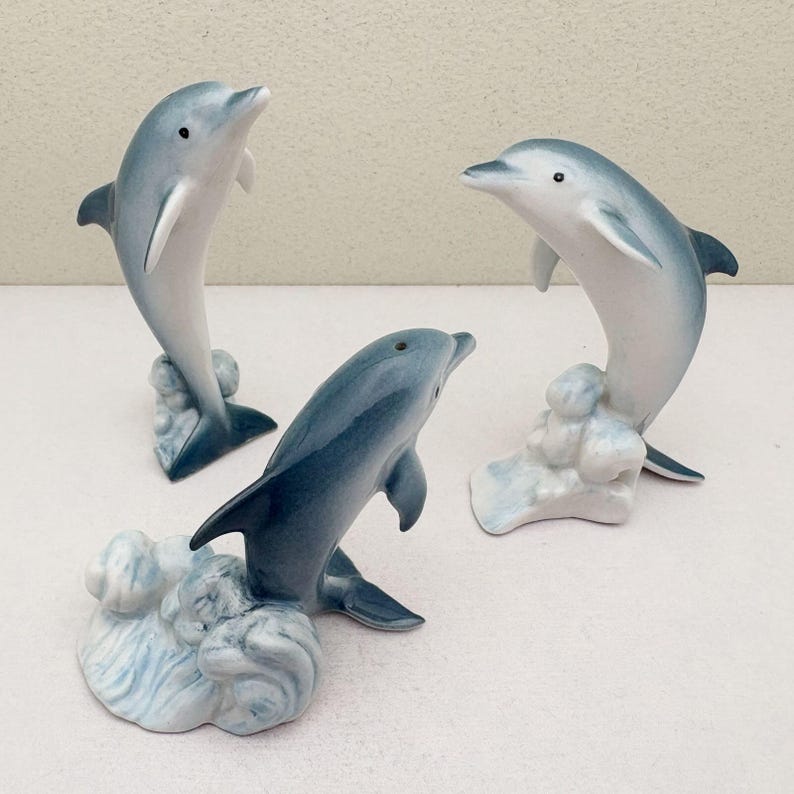 Handcrafted Ceramic Dolphin Figurine Set of 3 • Ocean Decor • Blue White Mini Dolphin Sculptures • Coastal Sea Life Gift for Collectors
