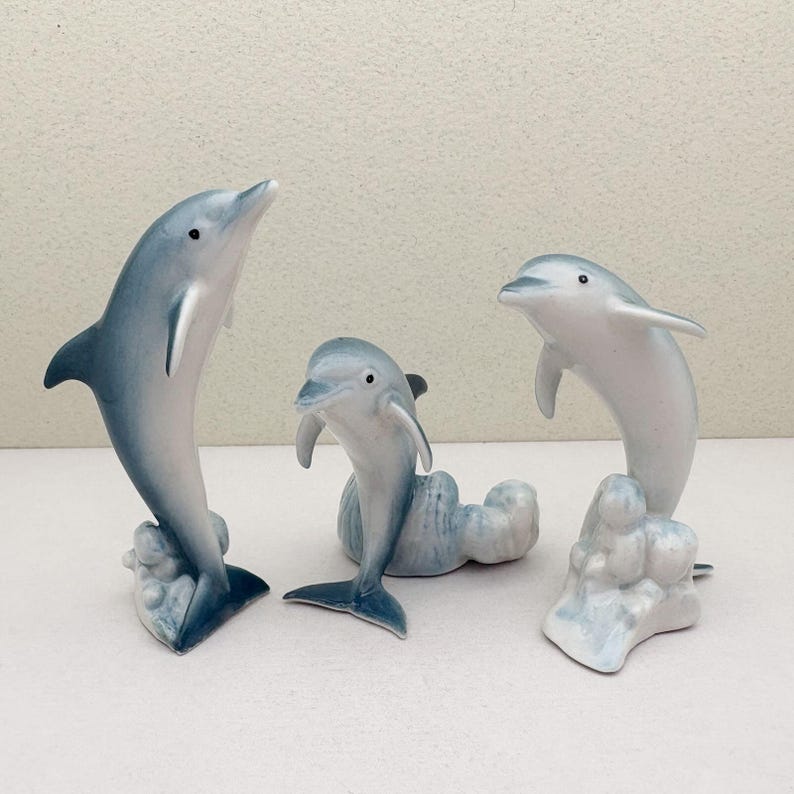 Handcrafted Ceramic Dolphin Figurine Set of 3 • Ocean Decor • Blue White Mini Dolphin Sculptures • Coastal Sea Life Gift for Collectors