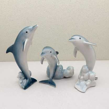 Handcrafted Ceramic Dolphin Figurine Set of 3 • Ocean Decor • Blue White Mini Dolphin Sculptures • Coastal Sea Life Gift for Collectors