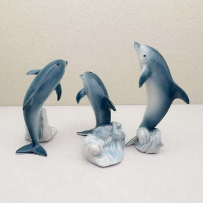 Handcrafted Ceramic Dolphin Figurine Set of 3 • Ocean Decor • Blue White Mini Dolphin Sculptures • Coastal Sea Life Gift for Collectors