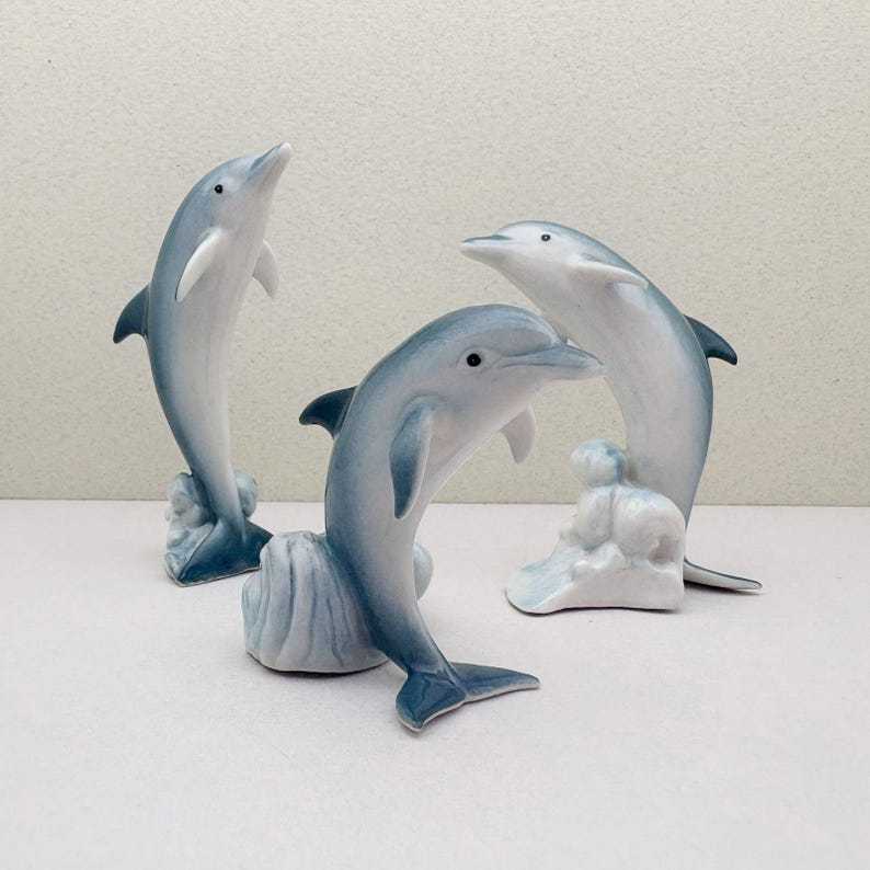 Handcrafted Ceramic Dolphin Figurine Set of 3 • Ocean Decor • Blue White Mini Dolphin Sculptures • Coastal Sea Life Gift for Collectors