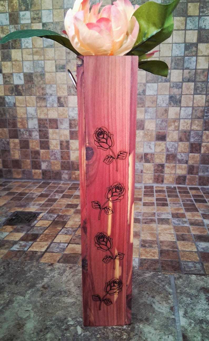 Wall Pocket Vase – Handmade Aromatic Cedar Wall Vase with Laser-Engraved Roses • Rustic Wood Wall Pocket Décor
