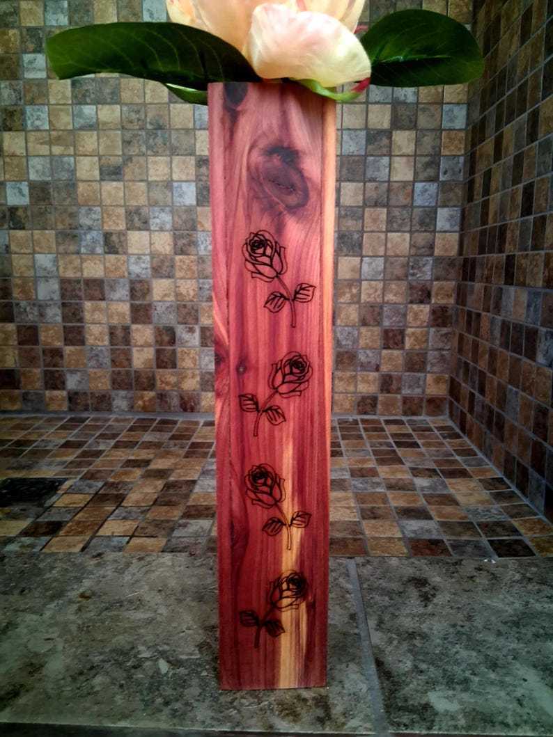 Wall Pocket Vase – Handmade Aromatic Cedar Wall Vase with Laser-Engraved Roses • Rustic Wood Wall Pocket Décor