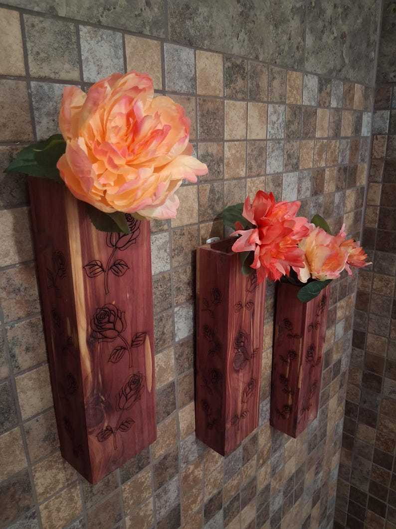 Wall Pocket Vase – Handmade Aromatic Cedar Wall Vase with Laser-Engraved Roses • Rustic Wood Wall Pocket Décor