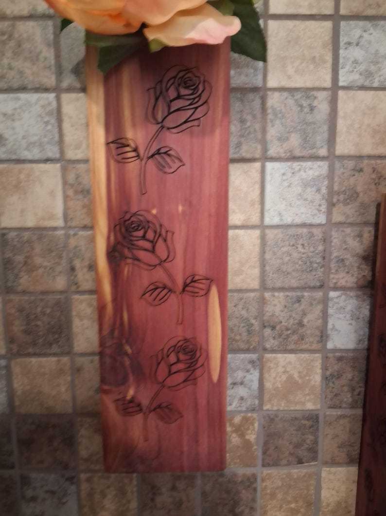 Wall Pocket Vase – Handmade Aromatic Cedar Wall Vase with Laser-Engraved Roses • Rustic Wood Wall Pocket Décor
