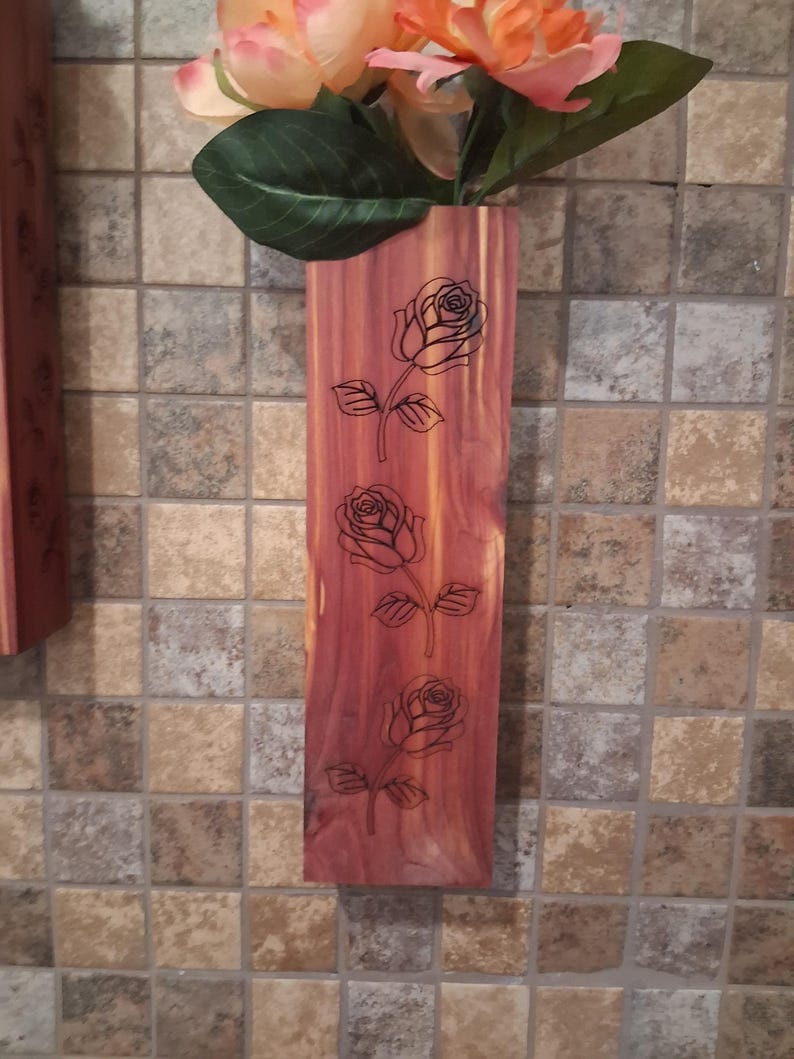 Wall Pocket Vase – Handmade Aromatic Cedar Wall Vase with Laser-Engraved Roses • Rustic Wood Wall Pocket Décor