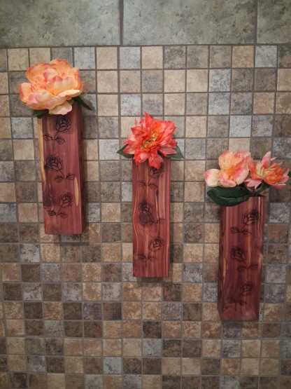 Wall Pocket Vase – Handmade Aromatic Cedar Wall Vase with Laser-Engraved Roses • Rustic Wood Wall Pocket Décor