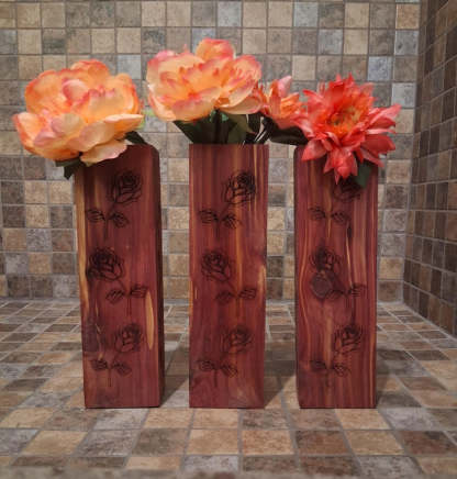 Wall Pocket Vase – Handmade Aromatic Cedar Wall Vase with Laser-Engraved Roses • Rustic Wood Wall Pocket Décor
