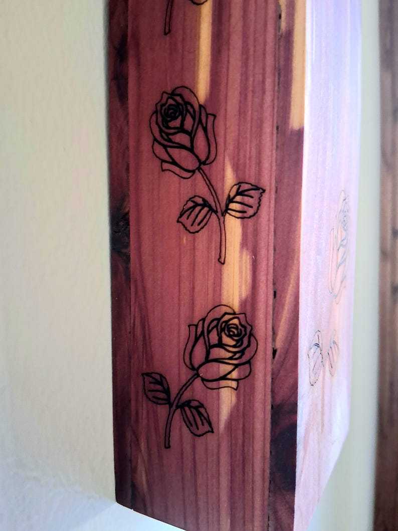 Wall Pocket Vase – Handmade Aromatic Cedar Wall Vase with Laser-Engraved Roses • Rustic Wood Wall Pocket Décor