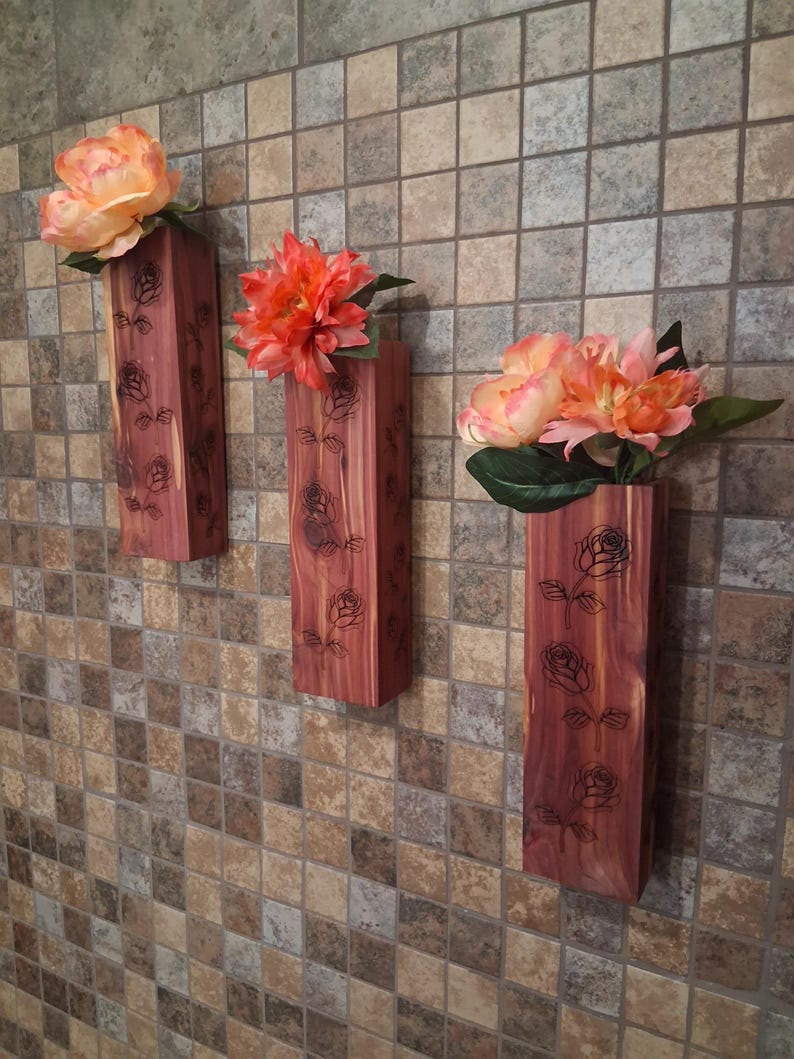 Wall Pocket Vase – Handmade Aromatic Cedar Wall Vase with Laser-Engraved Roses • Rustic Wood Wall Pocket Décor