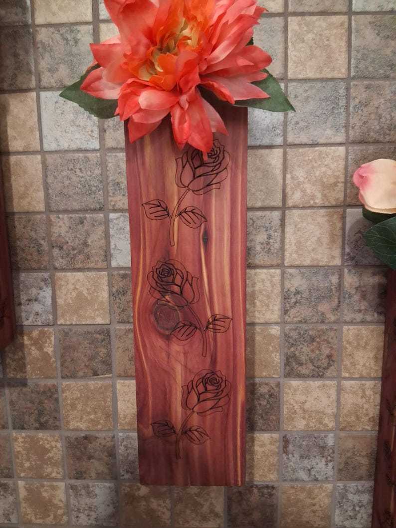 Wall Pocket Vase – Handmade Aromatic Cedar Wall Vase with Laser-Engraved Roses • Rustic Wood Wall Pocket Décor