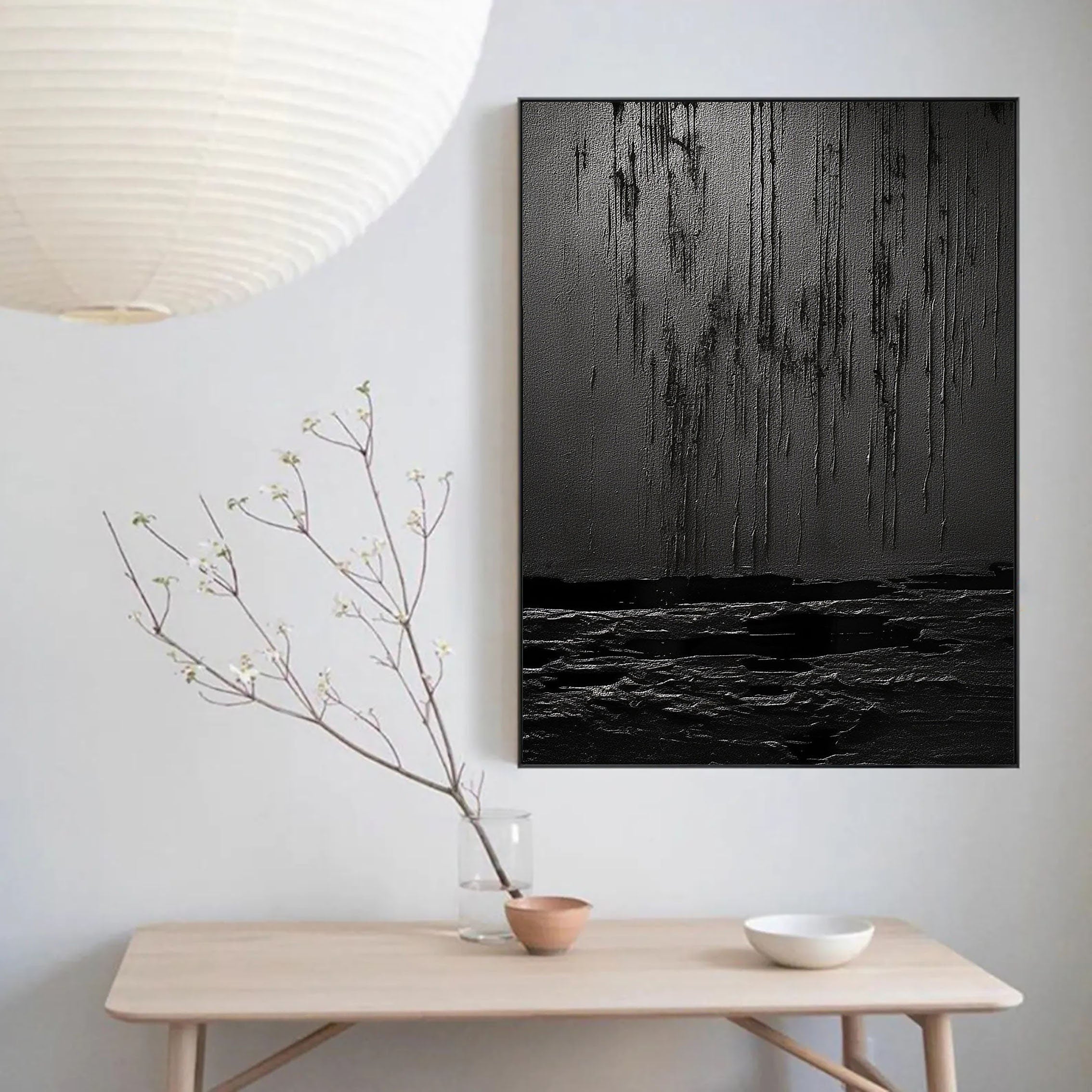 Midnight Echoes Pure Black Drip Texture Abstract Wall Art