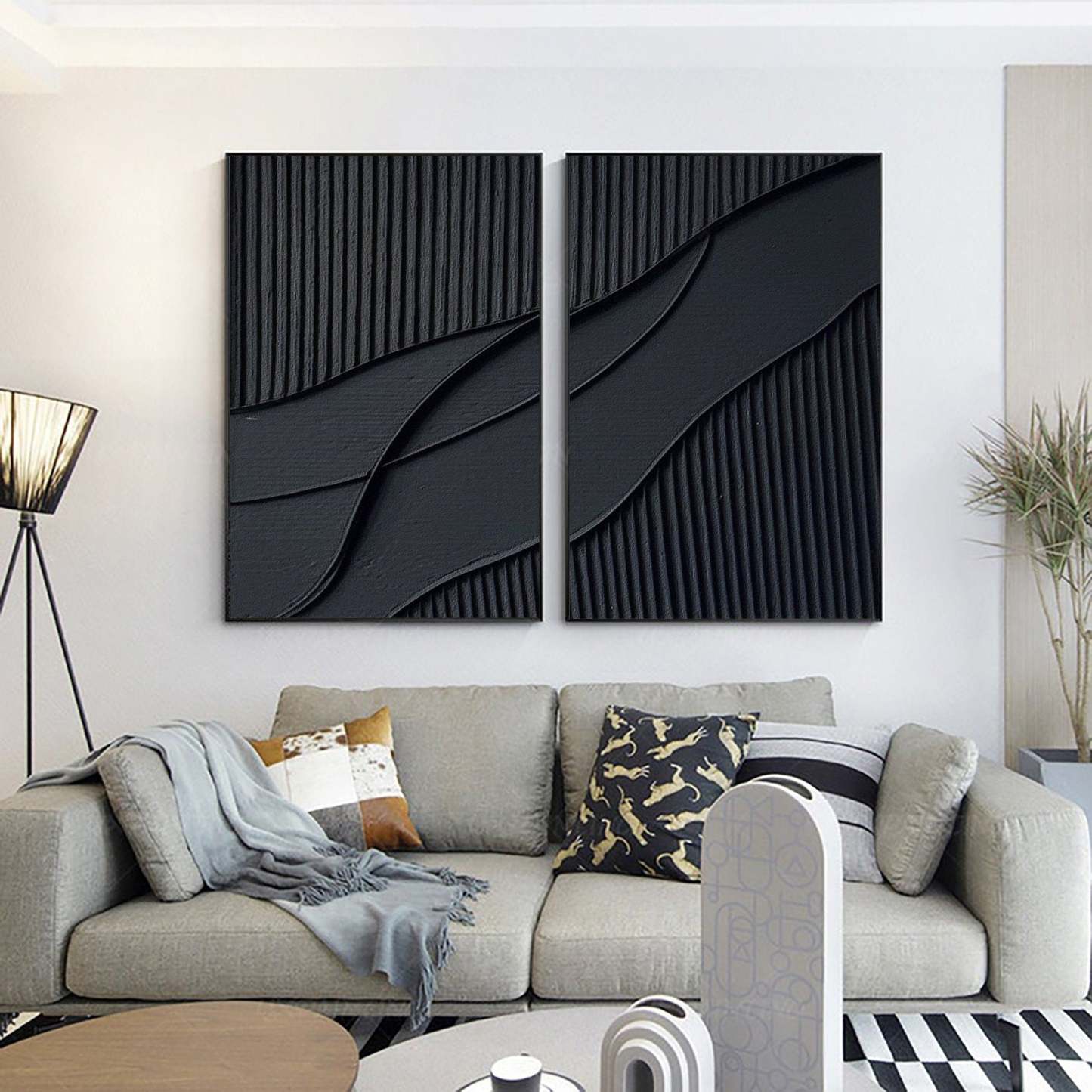  Abstract Painting Set of 2 Black Texture Wall Art