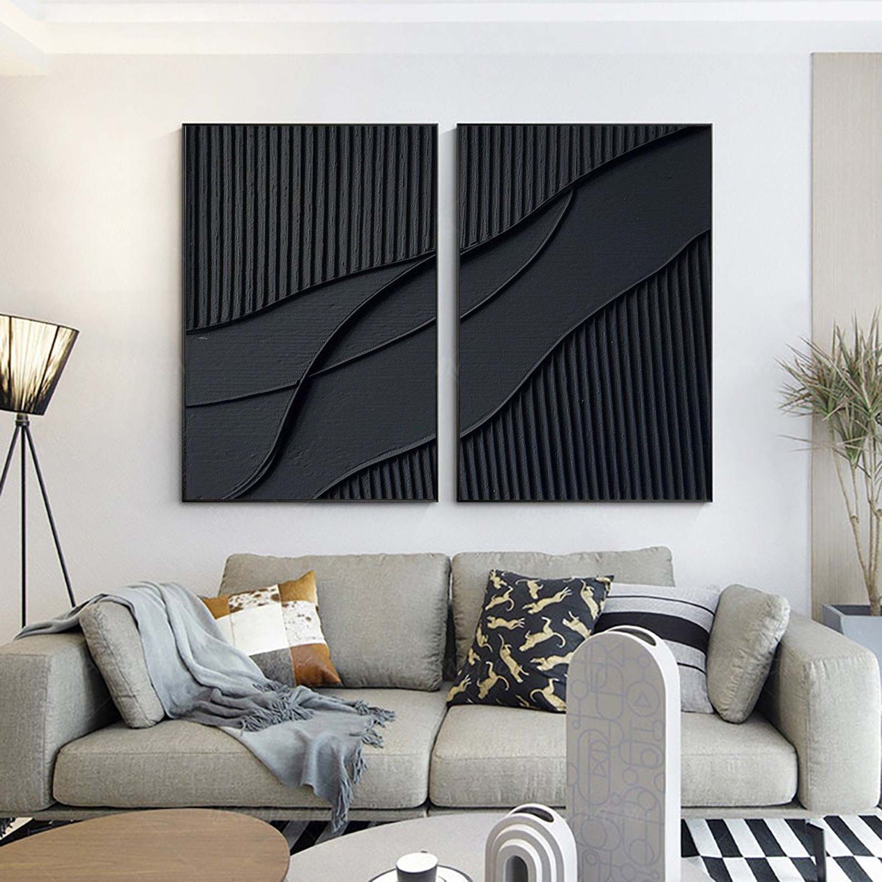  Abstract Painting Set of 2 Black Texture Wall Art