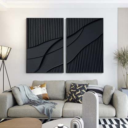  Abstract Painting Set of 2 Black Texture Wall Art