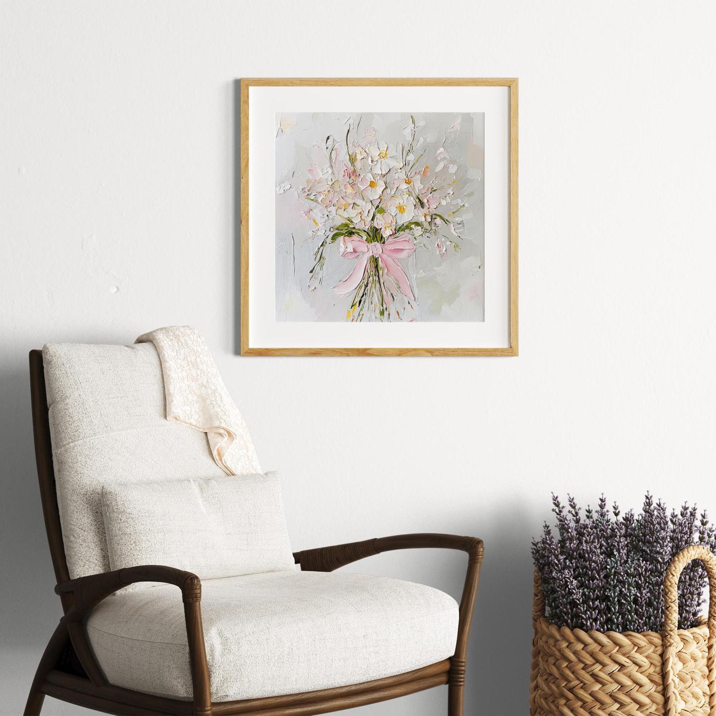 Wildflowers Oil Print Pink Bow Wall Art Flowers Bouquet Painting