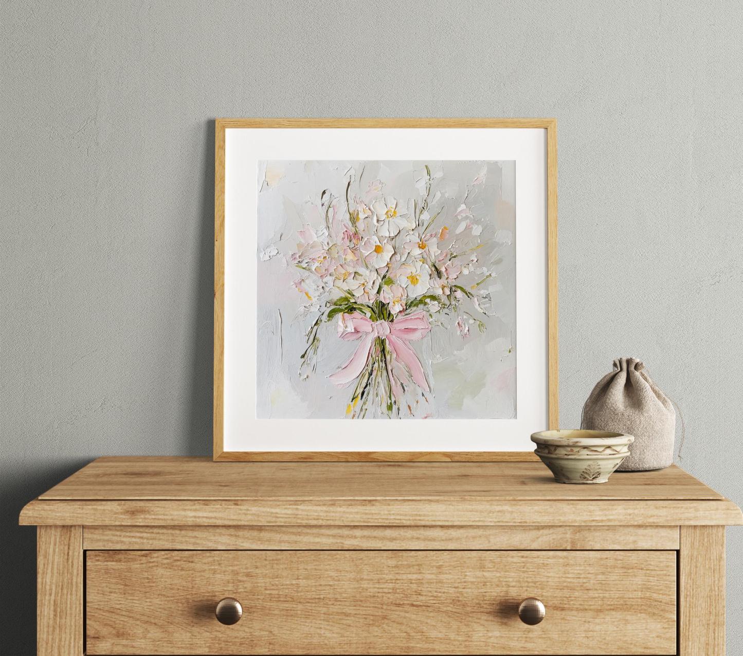 Wildflowers Oil Print Pink Bow Wall Art Flowers Bouquet Painting