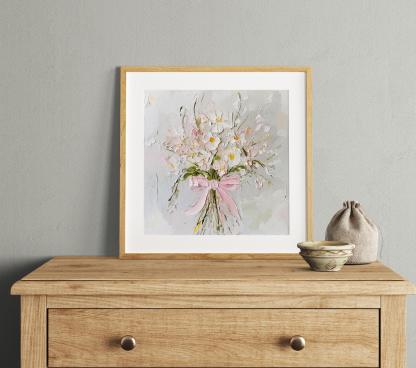 Wildflowers Oil Print Pink Bow Wall Art Flowers Bouquet Painting