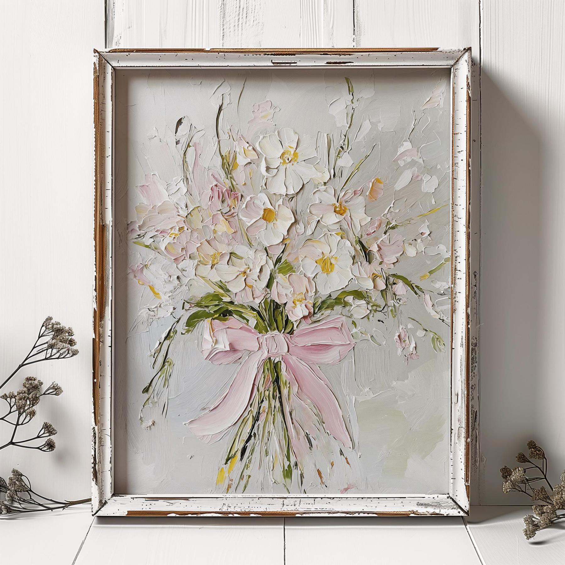 Wildflowers Oil Print Pink Bow Wall Art Flowers Bouquet Painting