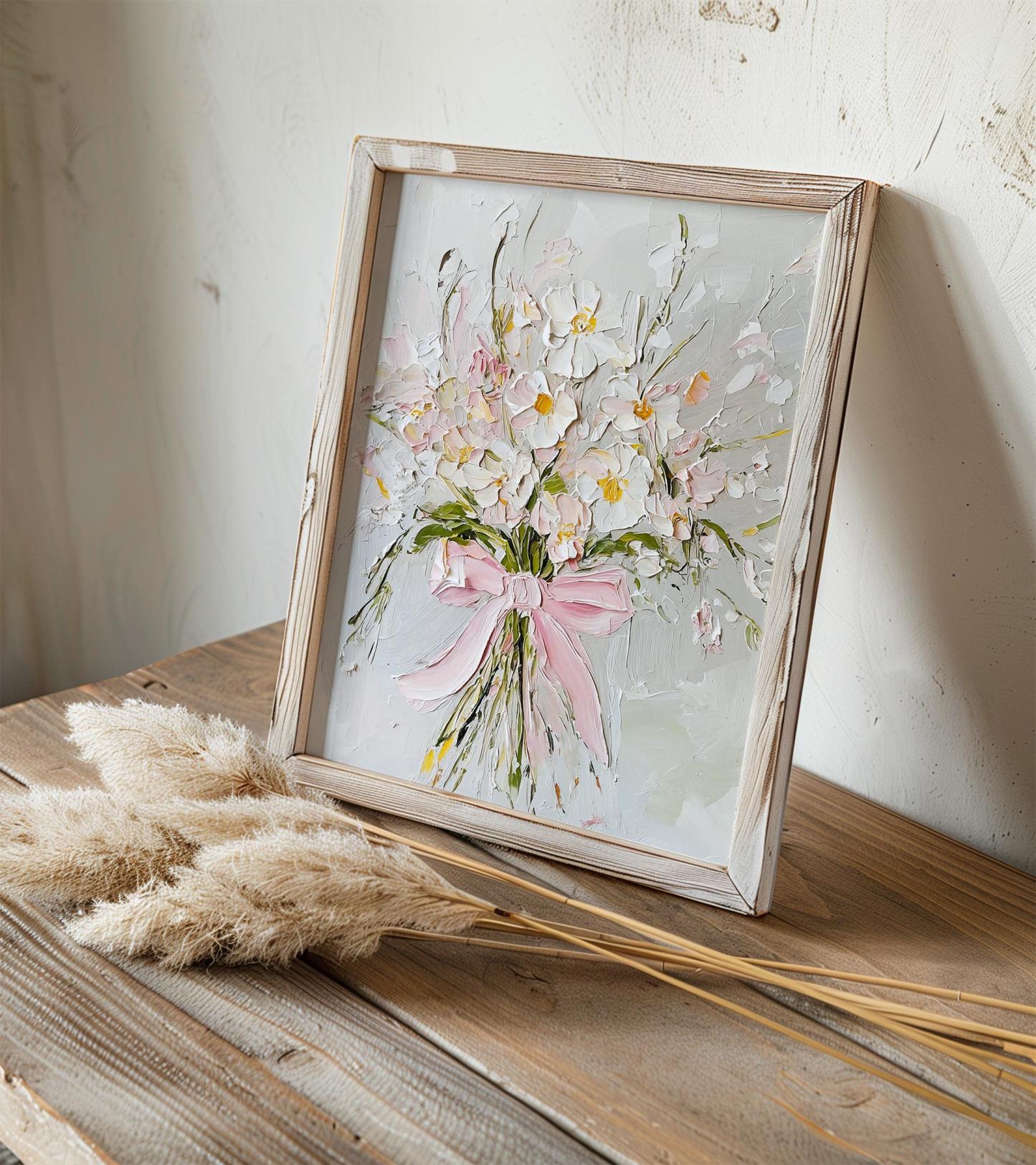 Wildflowers Oil Print Pink Bow Wall Art Flowers Bouquet Painting