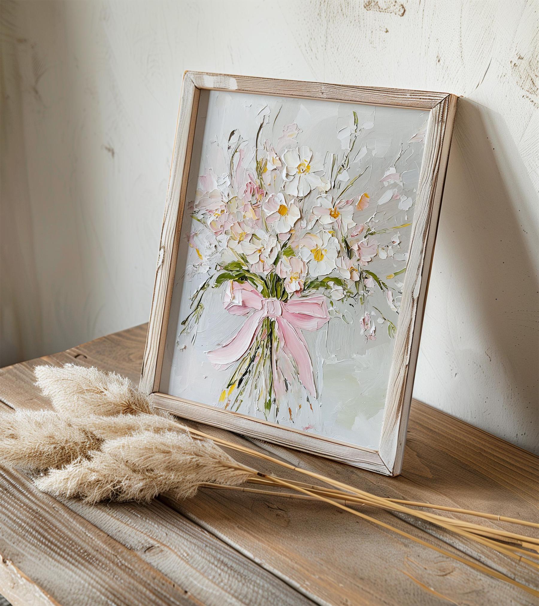 Wildflowers Oil Print Pink Bow Wall Art Flowers Bouquet Painting