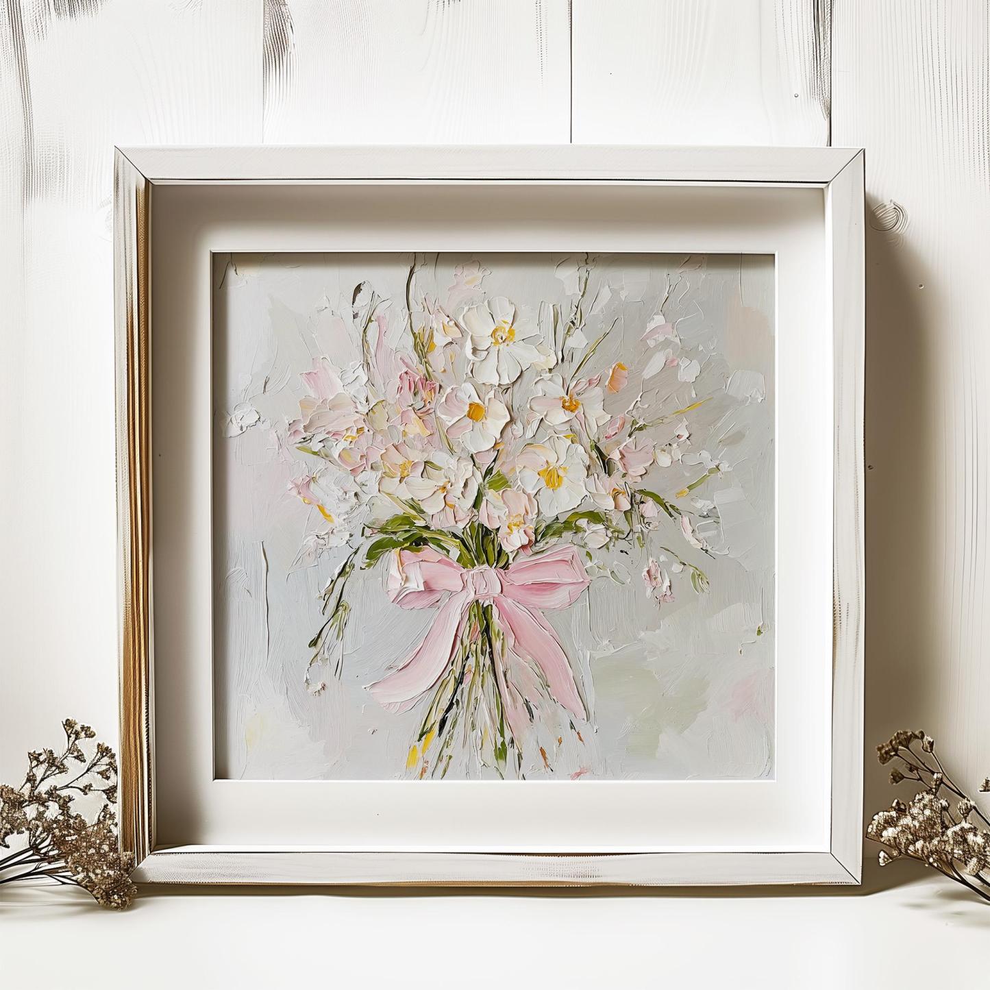 Wildflowers Oil Print Pink Bow Wall Art Flowers Bouquet Painting