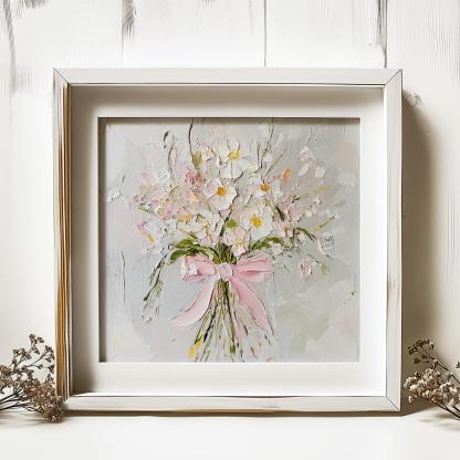 Wildflowers Oil Print Pink Bow Wall Art Flowers Bouquet Painting