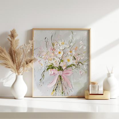 Wildflowers Oil Print Pink Bow Wall Art Flowers Bouquet Painting