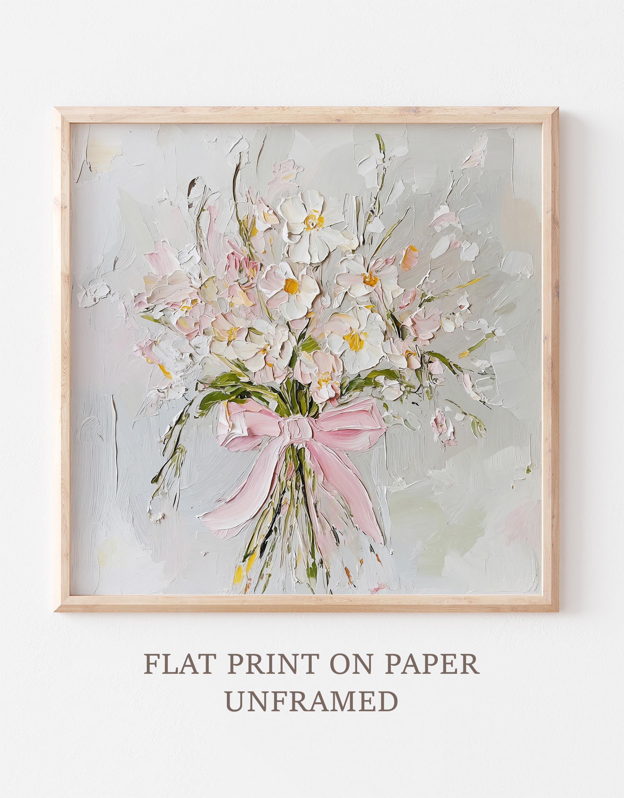 Wildflowers Oil Print Pink Bow Wall Art Flowers Bouquet Painting