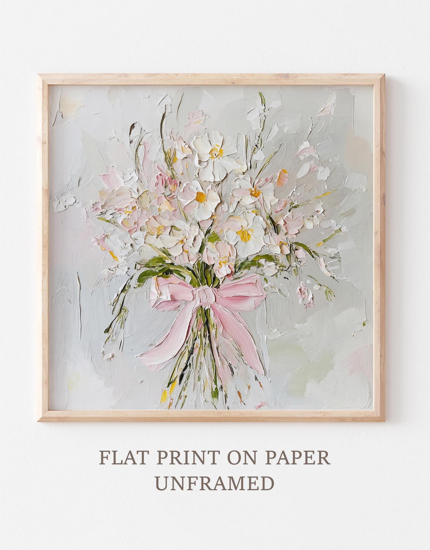 Wildflowers Oil Print Pink Bow Wall Art Flowers Bouquet Painting