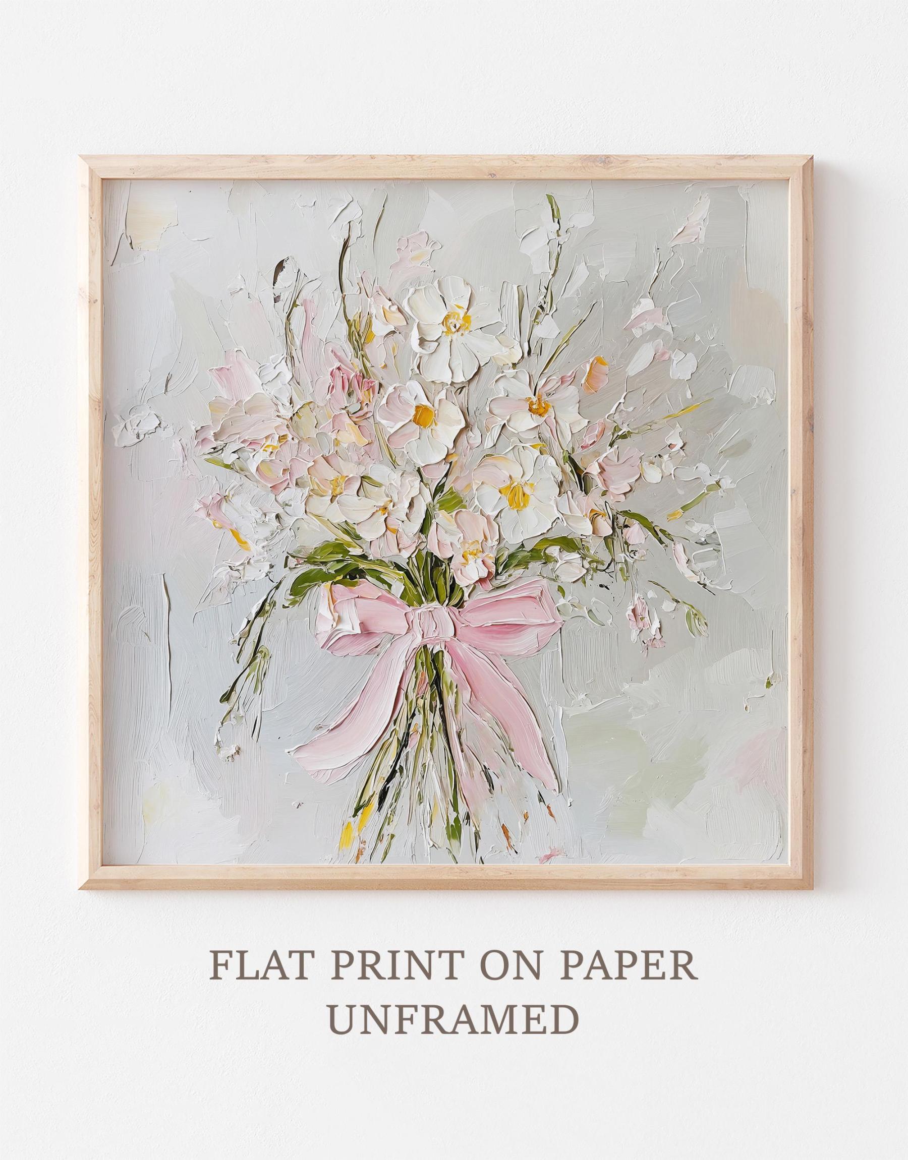 Wildflowers Oil Print Pink Bow Wall Art Flowers Bouquet Painting